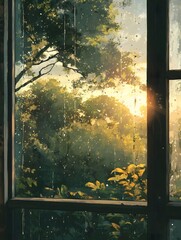 Water droplets sliding off the glass window and sunlight