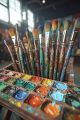 Fototapeta premium Paint and brushes in the corner of the art classroom