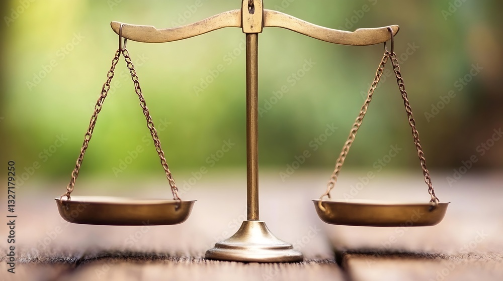 Poster balanced scale symbolizing justice and fairness displayed on a wooden table in nature : generative a
