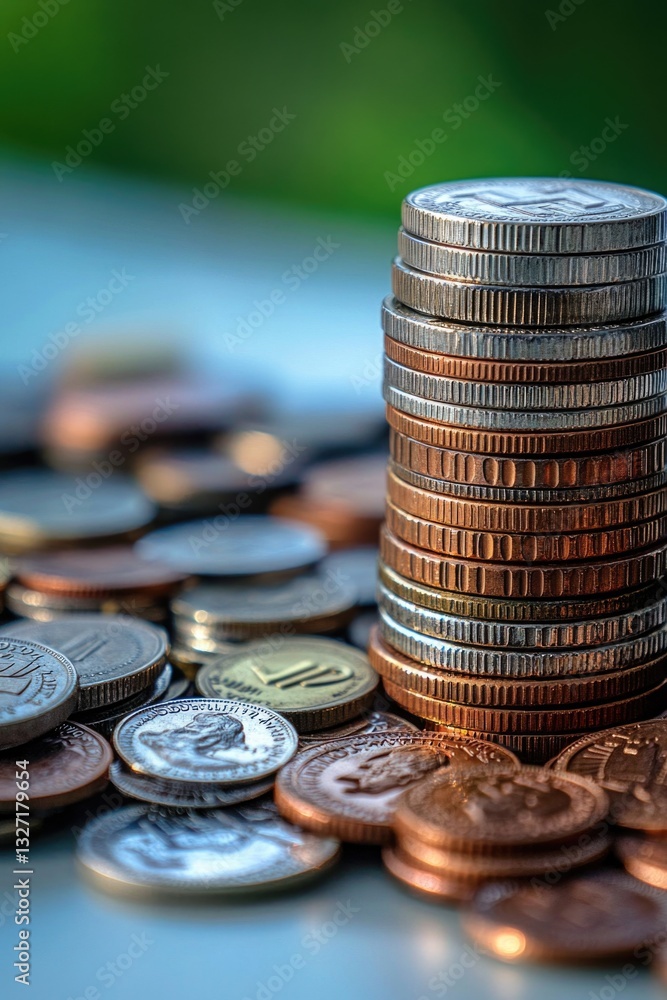 Poster a stack of coins sitting on a flat surface, ideal for financial or commerce-related themes