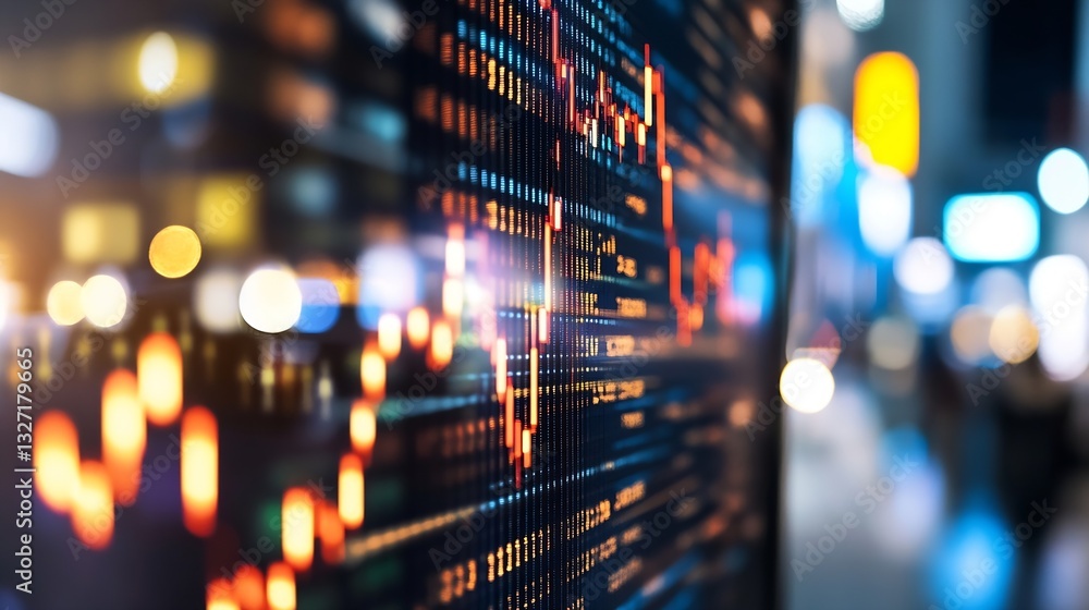 Poster dynamic financial chart on a digital screen showcasing vibrant stock market activity during night : 