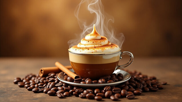Close-up of a cup of coffee with beans and aromatic espresso beans isolated on a white background