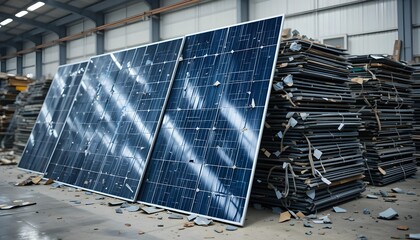 Broken Solar Panels Stacked for Recycling in Waste Processing Center, Representing Sustainability, Renewable Energy Waste Management, and Efforts to Improve Environmental Practices in the Tech Industr