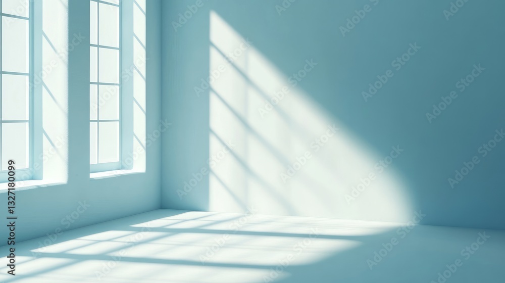 Poster minimalist light blue background with subtle shadows and natural light filtering through windows ide