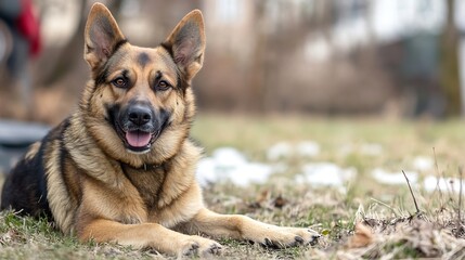 Cheerful German Shepherd dog lying on grass with a friendly expression in a natural setting : Generative AI