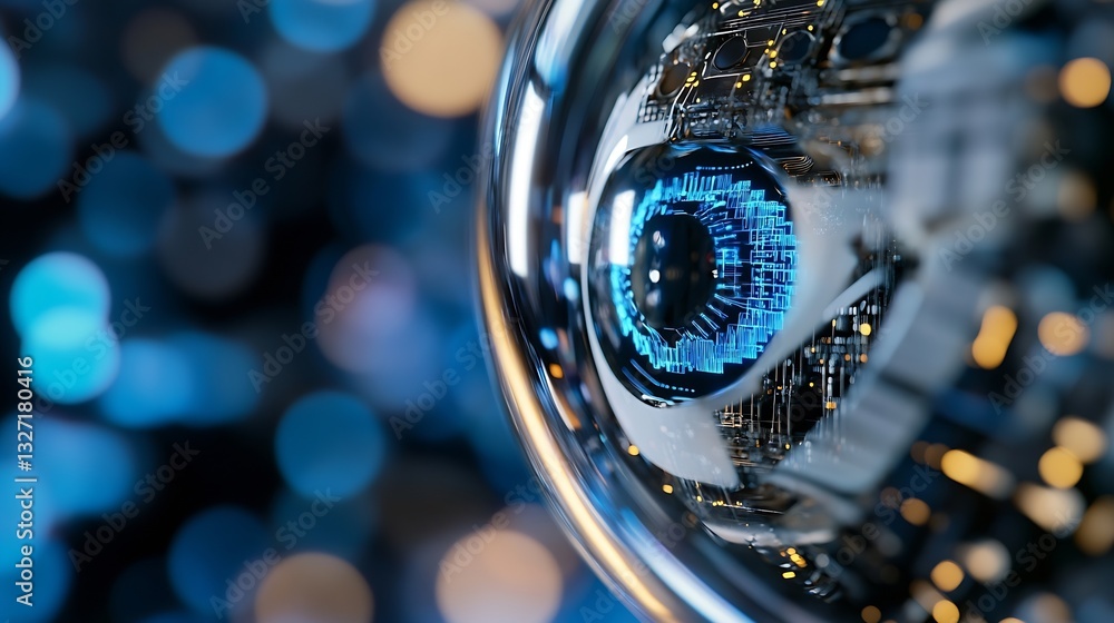 Fototapete A CloseUp of a Futuristic Eye with Digital Patterns Reflecting a Technological Vision : Generative AI
