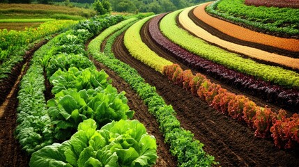 A colorful field of intercropped vegetables demonstrating effective land use in sustainable farming.
