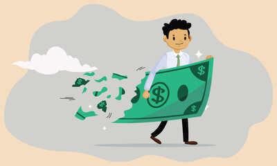 Businessman holding big dollar banknote money while loss, crumble and reduce in value.
