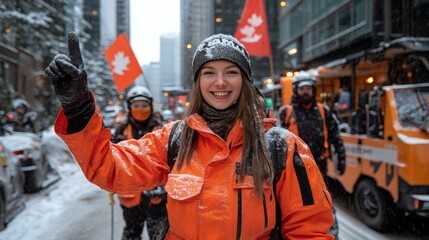 Smiling Woman in Orange Jacket, Snow-Covered City Street