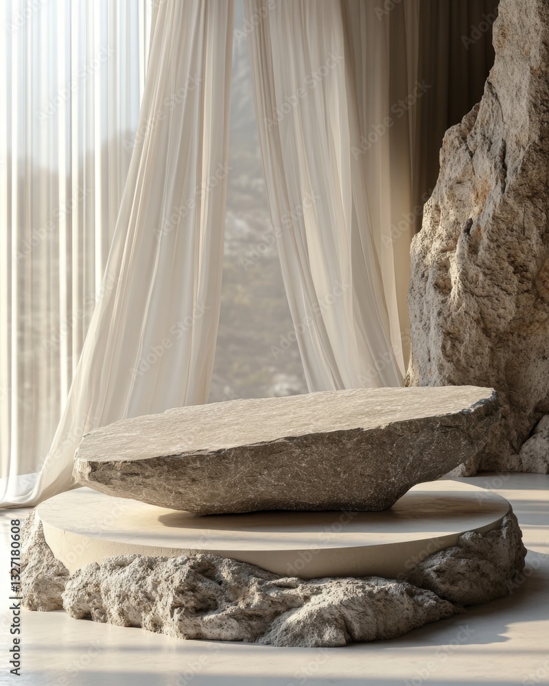 Poster serene stone podium with draped curtain backdrop for product display in a minimalist studio setting 