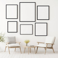 Modern interior with chairs, table, and empty frames on a white wall