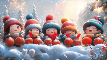 Joyful Children Celebrating Lunar New Year in Snowy Winter Wonderland