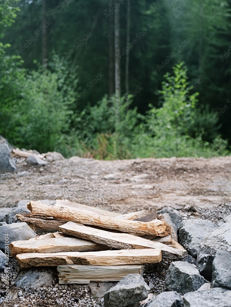 Aufkleber piles of wooden logs resting among a lush green forest surrounded by trees capturing the essence of 