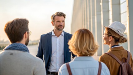Fototapeta premium Professional Male Speaker Giving a Speech at a Conference – High-Quality Stock Image in a Realistic Setting