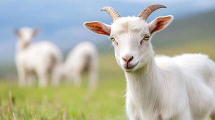 Fototapeta premium Playful white goat with curved horns smiling in a lush green field on a sunny day : Generative AI