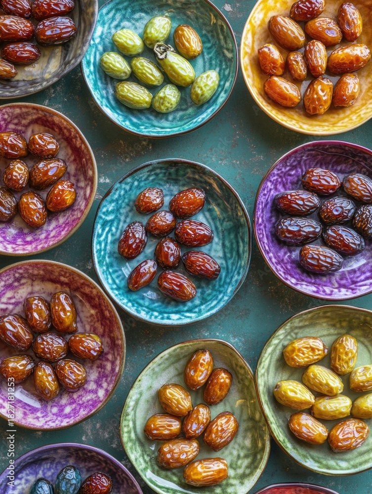 Poster fresh fruits arranged on a table in colorful bowls