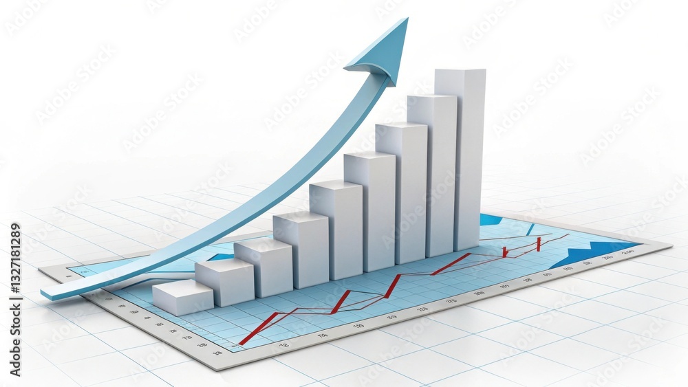Poster a 3d graph shows rising trends with bars and an upward arrow, symbolizing growth and positive perfor