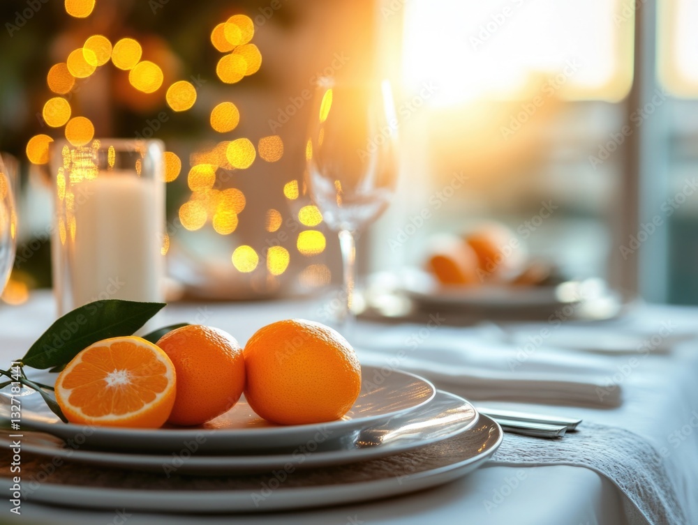 Poster a simple still life image of a white plate topped with oranges, placed on a table