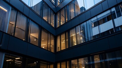 Stylish architectural design of an urban building with glass features and night illumination effects : Generative AI