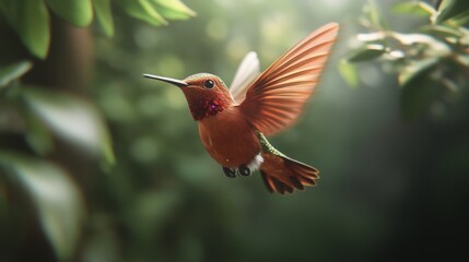 Fototapeta premium A close-up of a hummingbird hovering in mid-air, with iridescent feathers glistening, capturing the incredible detail of its wings in motion.
