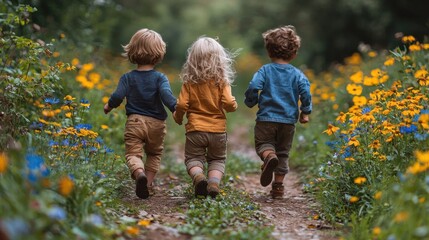 Three children running through a colorful flower field, displaying joy and playfulness in a beautiful natural setting. Their diverse hairstyles add charm.