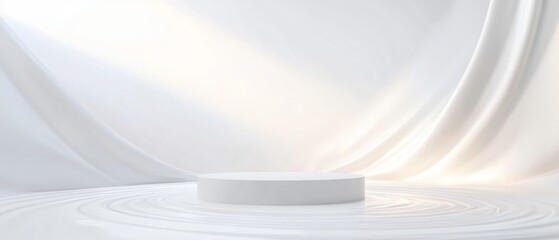  Front View of a Sleek White Cosmetic Podium with Sprayed Water and Soft Mist. Copy space. Generative AI