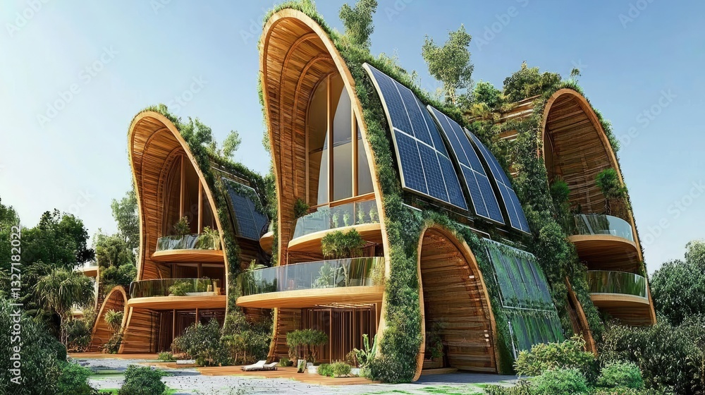 Poster a conceptual rendering of a self-sustaining eco-village with renewable energy sources and green spac