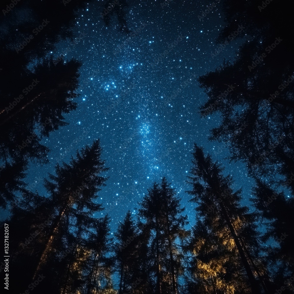 Poster captivating night scene of starry sky viewed through silhouetted trees in a dark forest with a low a