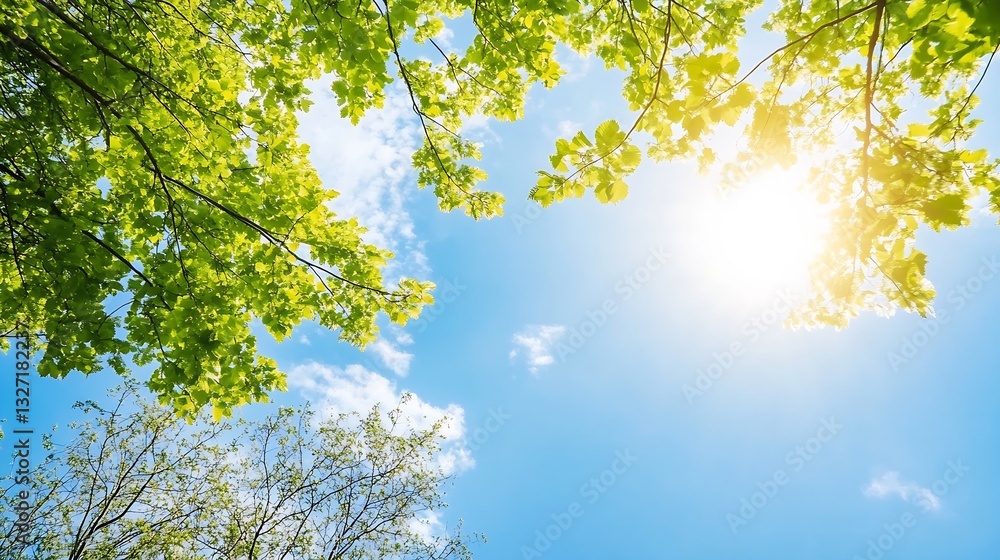 Poster Lush treetops illuminated by sunlight against a clear sky creating a vibrant and serene atmosphere in nature : Generative AI