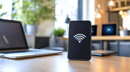 A close-up of a smartphone with visible wireless signals emanating from it, placed on a modern desk with a laptop and smart devices in the background.