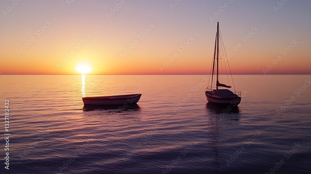 Poster stunning sunset over calm waters with sailboats creating a serene coastal atmosphere : generative ai