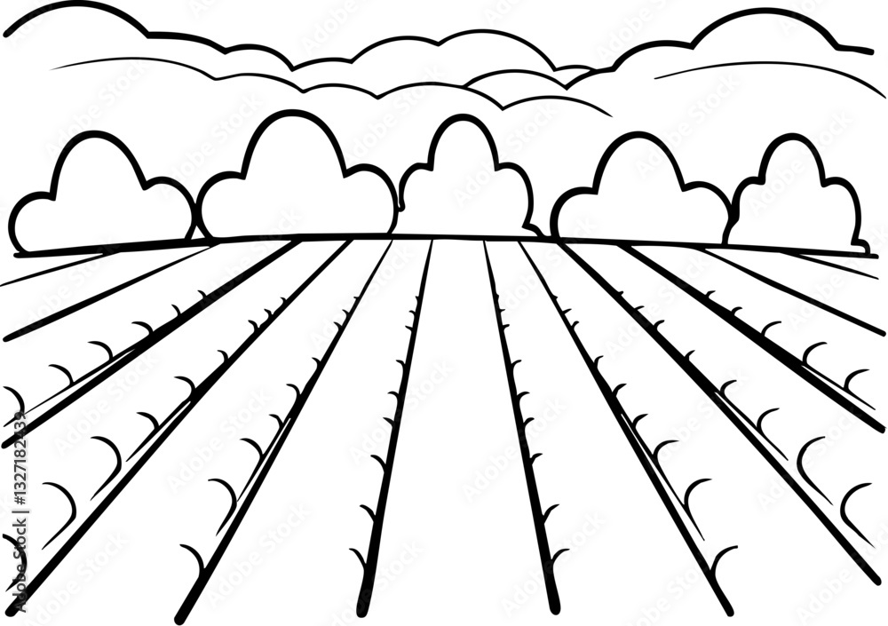 Poster a simple line drawing of a field with rows and clouds above.