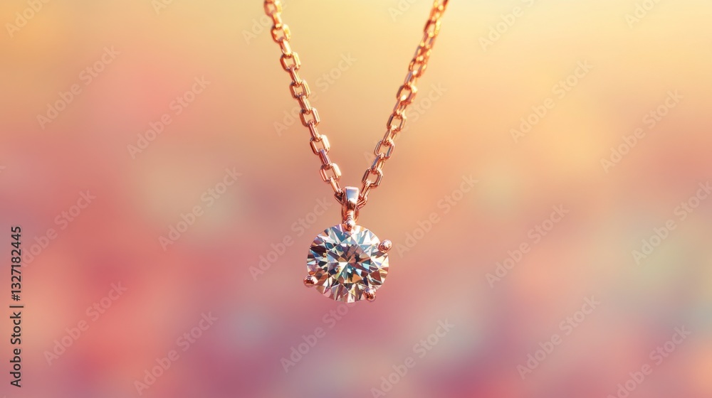 Poster a close-up of a sparkling diamond pendant hanging from a delicate chain, with a blurred background o