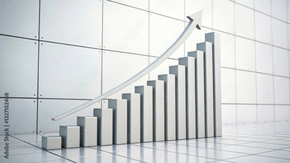 Poster a 3d bar graph demonstrating upward growth, with a sleek arrow indicating progress, set against a mi