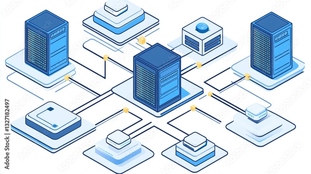 Poster a creative representation of a cloud network, featuring interconnected server nodes and a two-tone c
