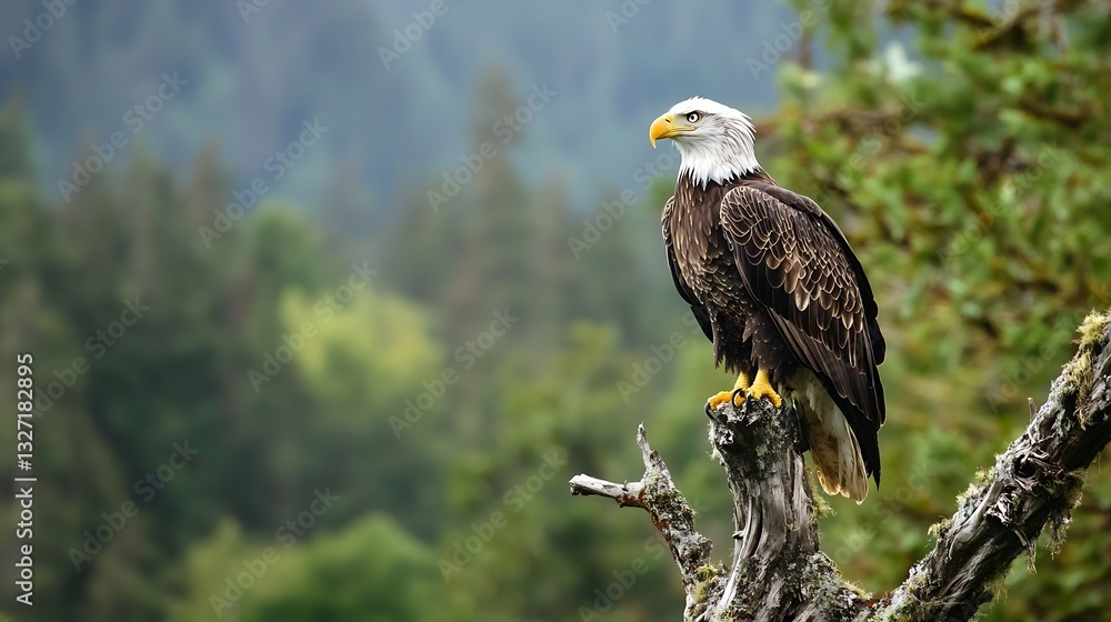 Poster Majestic bald eagle perched on tree branch with lush green background in a serene natural setting : Generative AI