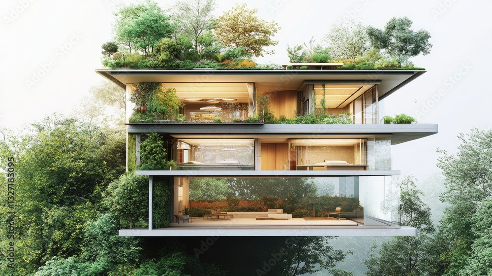 Poster a cross-section of a high-performance green building showcasing insulation and energy recovery syste
