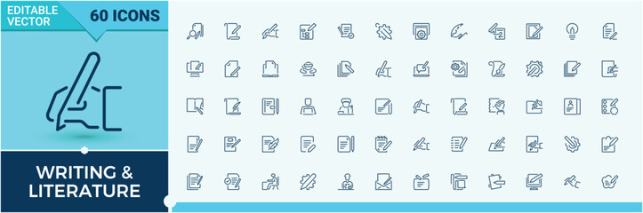 Writing and Literature vector line icons. Contains outline symbols like ink, pen, author, education, literature, art and more. Icon design. Writing icon set. Editable stroke icon collections.