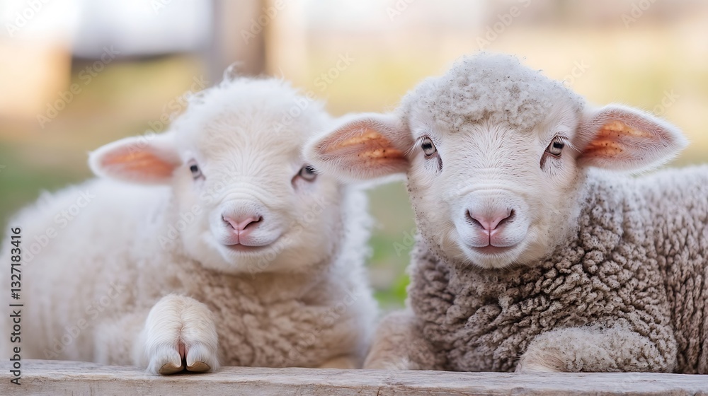 Poster adorable fluffy lambs sitting together against a soft background creating a heartwarming and endeari