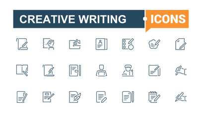 Creative Writing icons set in linear style. Contain linear sign art, text, note, read, author, ink and more. Writing and Literature simple icon. Minimalist vector collections. Editable stroke.