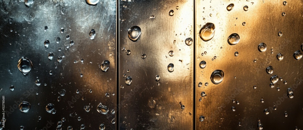 Poster abstract metallic surface with water droplets reflecting light creating a textured wet background wi