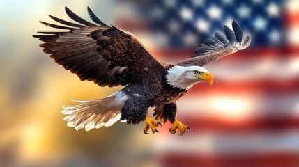 Obraz premium Bald eagle flying over an American flag, patriotic and symbolic imagery, strong national representation