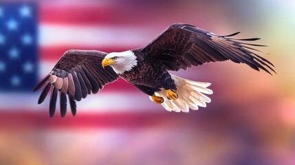 Fototapeta premium Bald eagle flying over an American flag, patriotic and symbolic imagery, strong national representation