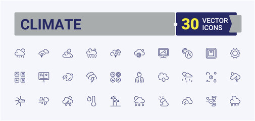Climate icons set. Containing meteorology, snowflake, drop, season, thermometer, snow and more. Weather icon pack. Vector icon and illustration.