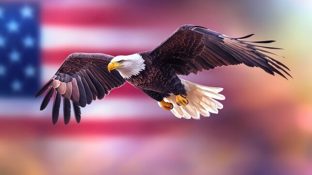 Bald eagle flying over an American flag, patriotic and symbolic imagery, strong national representation