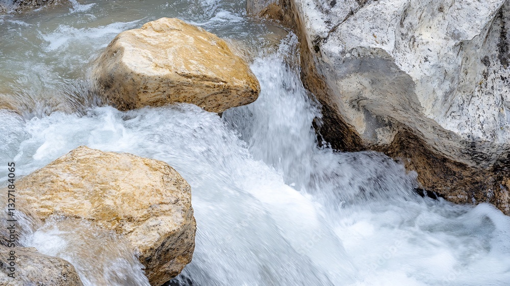 Poster beautiful fast flowing river water cascading over smooth rocks in a natural landscape scene : genera
