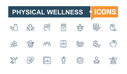 Physical Wellness icons set. Contains such icons as activity, person, health, spirit, care, herbal, relaxation, mind, mental and more. Wellness icon collection. Editable stroke. Vector illustration.