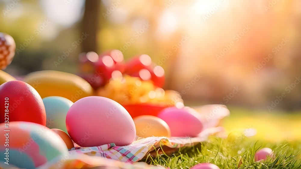 Poster colorful easter eggs displayed on grass with a softly blurred background and warm sunlight creating 