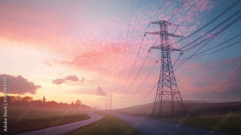 Poster a digital hologram of a biomass energy network integrating into the global power grid.