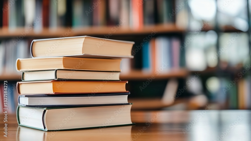 Poster a stack of colorful books resting on a wooden table in a cozy reading nook : generative ai